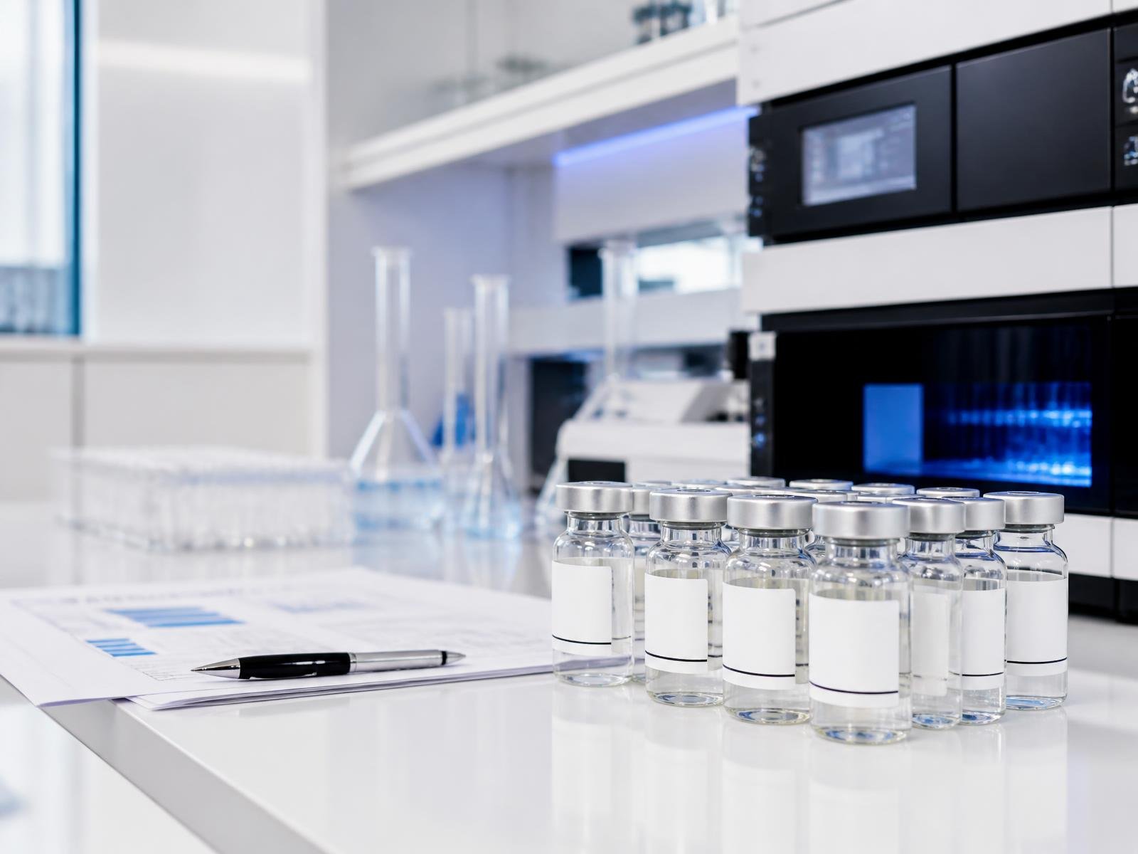 Analytical laboratory bench with research vials and documentation